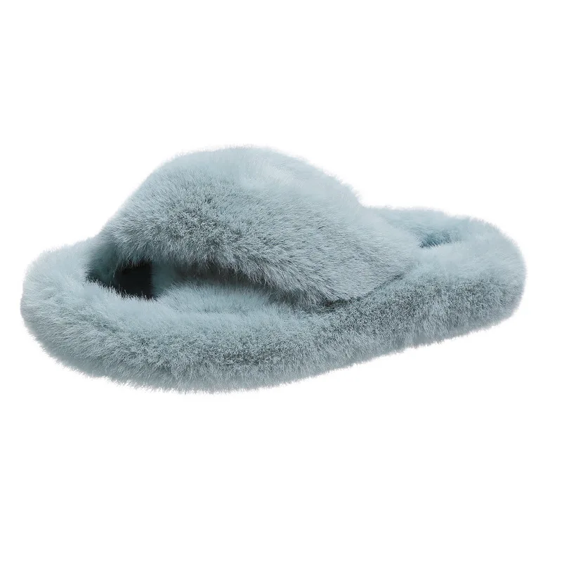 

Women Fluffy Winter Sandal Cross Plush Open Toe Sandal Soft Flat Shoes Warm Faux Fur Slipper Home Female Shoes