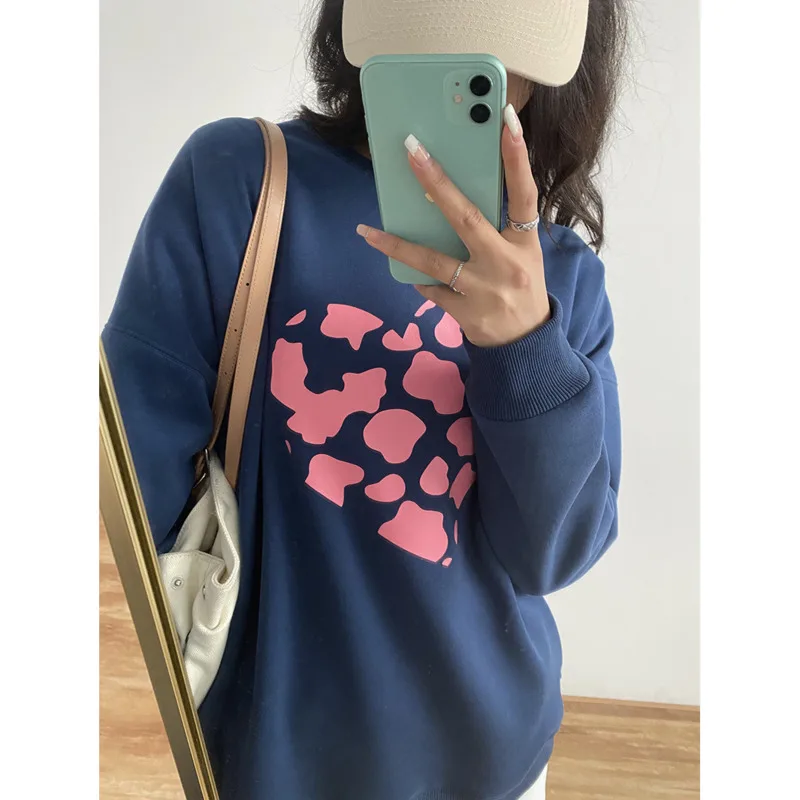 

Зимние женские утепленные плюшевые флисовые свитшоты, осенне-зимние теплые свободные женские хлопковые пуловеры с принтом сердечек