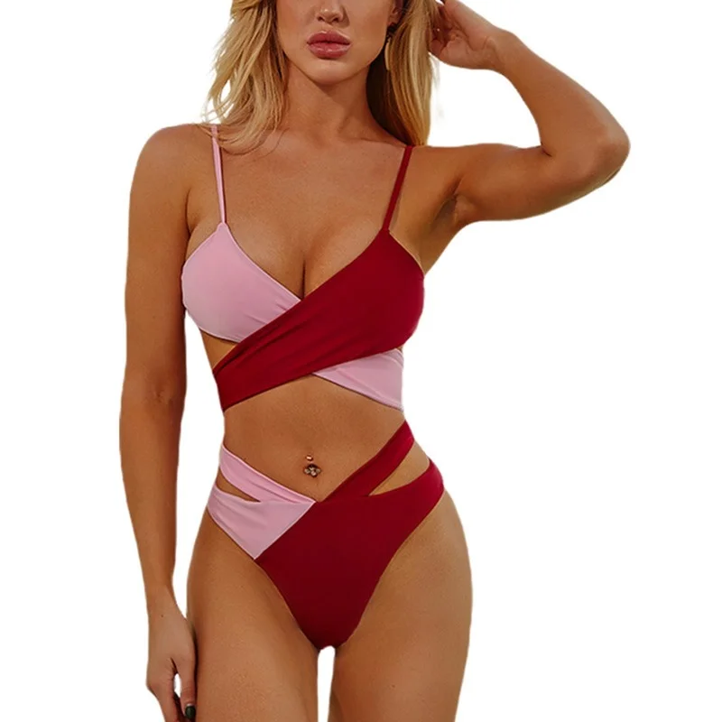 

2021 Swimwear 2 Pcs Women Color Block Bathing Suits Adjustable Spaghetti Strap Cross Tie Up Bra Hollow Out Thong swimsuit