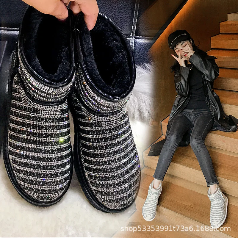 Стразы женские теплые ботинки с блестящими кристаллами зимние женская обувь из