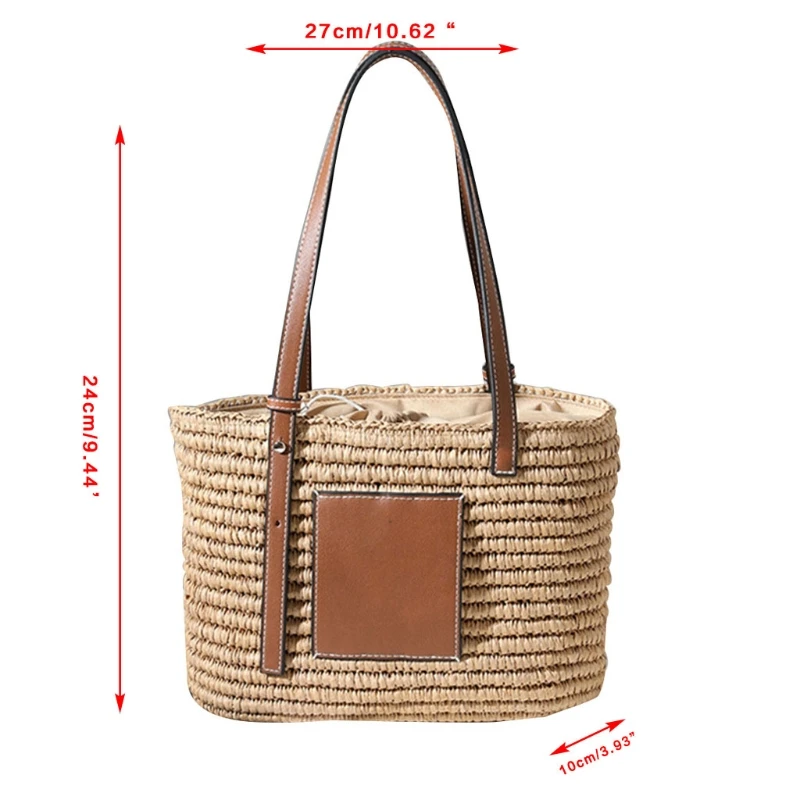 

066F Women Woven Straw Handbag Faux Leather Handle Shoulder Tote Bag Basket Purse