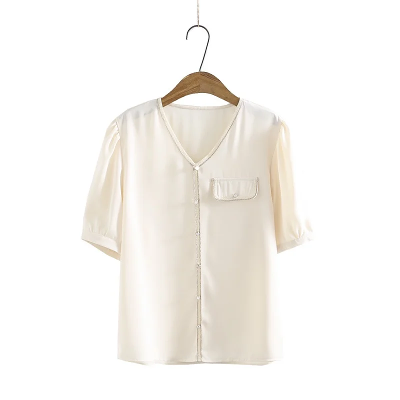 

Plus Size V-neck Chiffon Blouse Short Sleeve A-line Officewear Blusas Ladies' Elegant OL Tops