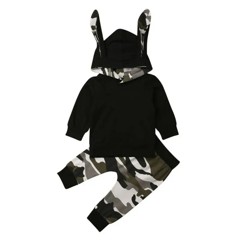 2PCS Bunny Ear Hooded Camo Pants Outfits Newborn Toddler Baby Girl Camouflage Clothes Hoodie Tops + Leggings Autumn Set | Детская одежда