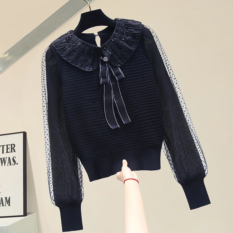 

Mesh Long Sleeve Base Pullover Splicing Knitwear Sweater 2021 Spring Autumn New Women's Loose Outer Wear Knitted Top Girls Coats