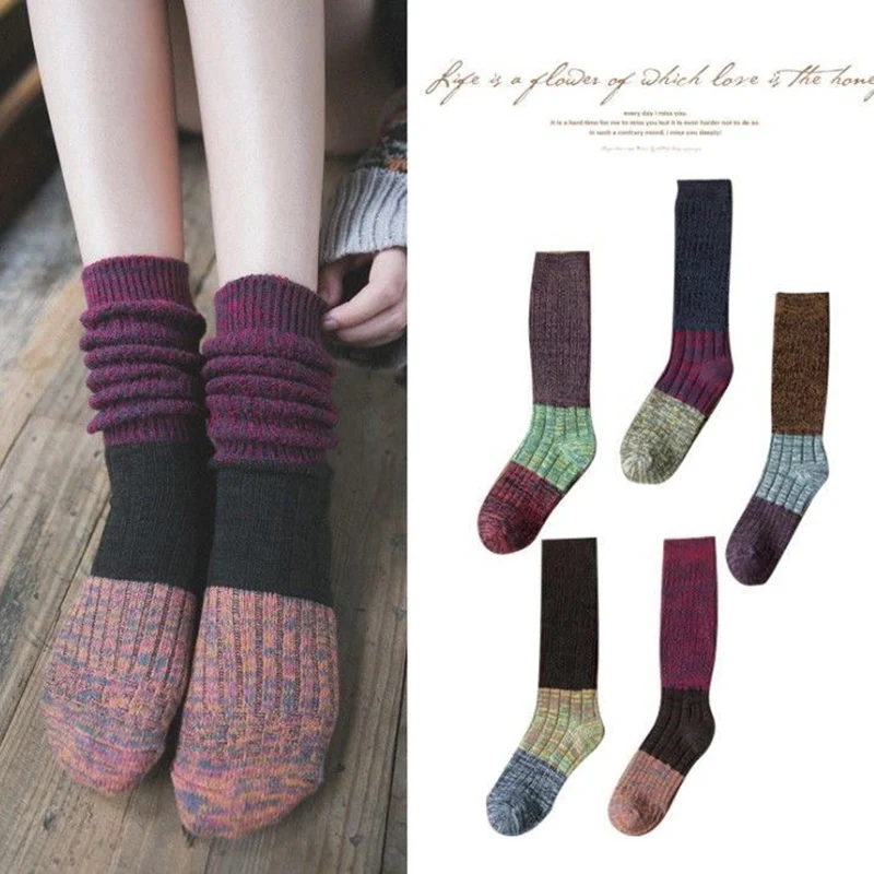 

Winter Warm Women Long Socks High Quality Heap Heap Patchwork Color Socks for Girl Fashion Retro Cotton Socks Gift