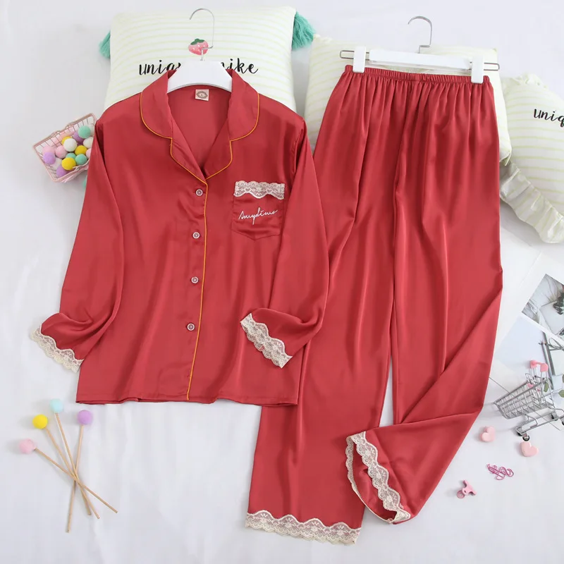 

Fiklyc underwear autumn new arrivel ice silk pajamas sets with lace cute female sleepwear home suits casual nightwear sets HOT