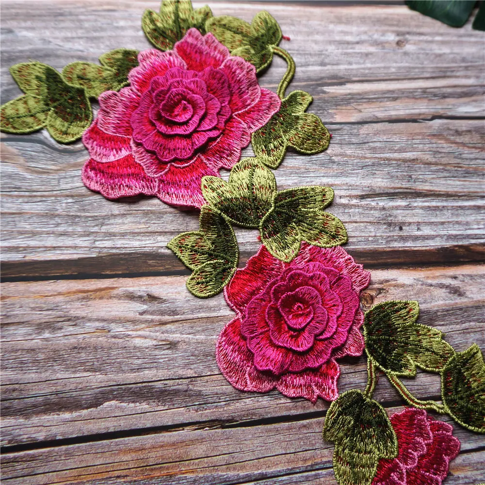 Розовый красный вышитый 3D цветок листья платье Аппликации кружевной ткани
