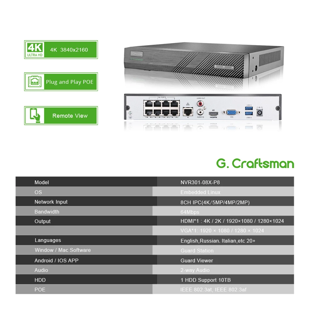 Сетевой видеорегистратор 4k 8ch POE NVR H.265 Onvif сетевой 1 HDD 24/7 записывающая IP камера P2P