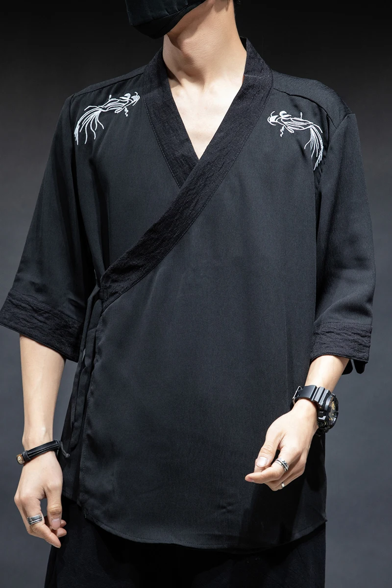 MR-DONOO Spring Summer Men's Chinese Style Embroidered Cross-neck Cardigan Jacket Retro Three Quarter Sleeve Thin Loose Coat | Мужская