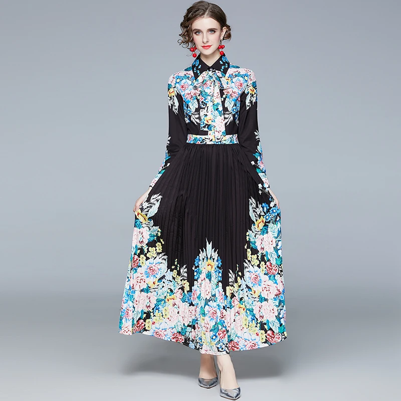 

Long Sleeve Shirt Dress Long Printed Fashion Pleated Dresses Printing Ankle-Length Regular Turn-down Collar Harujuku Maxi Dress