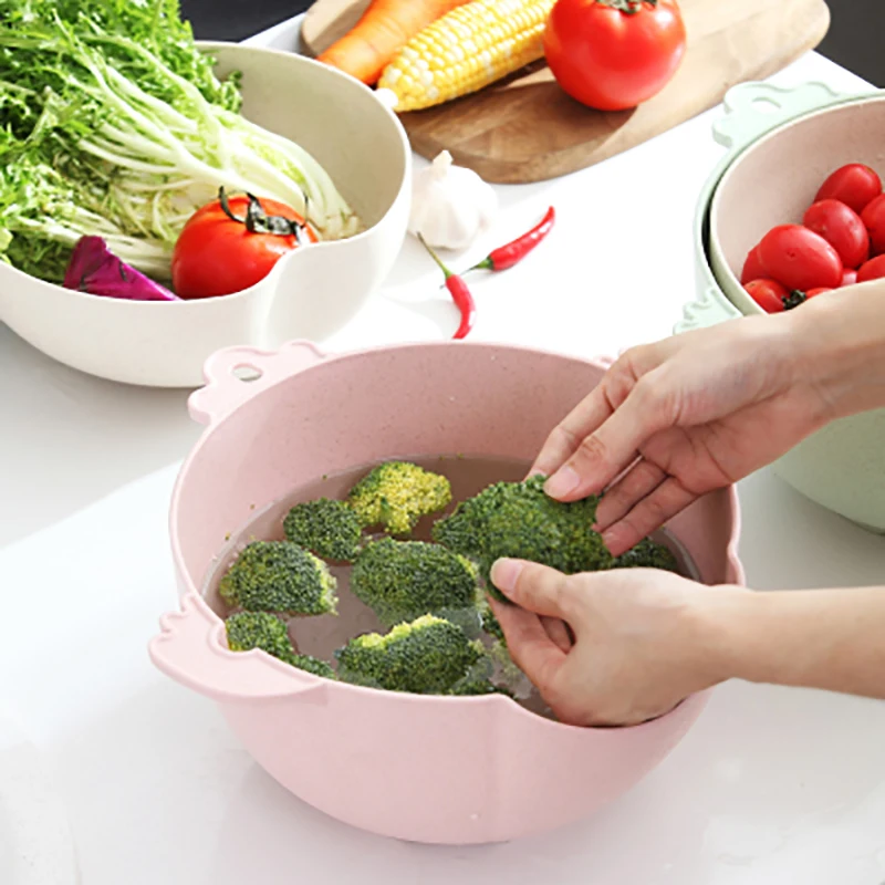 Creative Double Wash Melon Fruit Vegetable Basket 2020 New Kitchen Tool 360 Rotating Wheat Straw Drainer Washing Sieve | Дом и сад