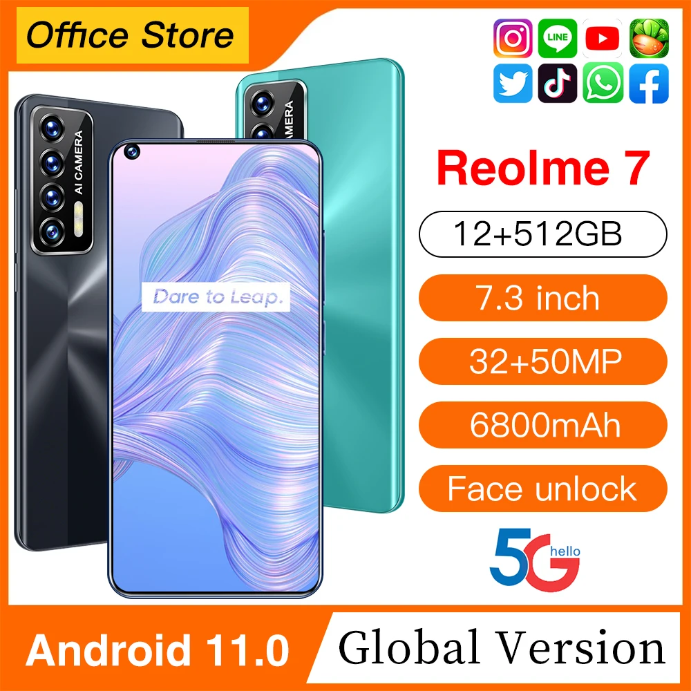 

2021 New Arrival Reolme 7 12+512GB Dual SIM Smart Phone Android 11.0 7.3Inch 32+50MP HD Camera 6800mAh 5G Network Mobile Phone