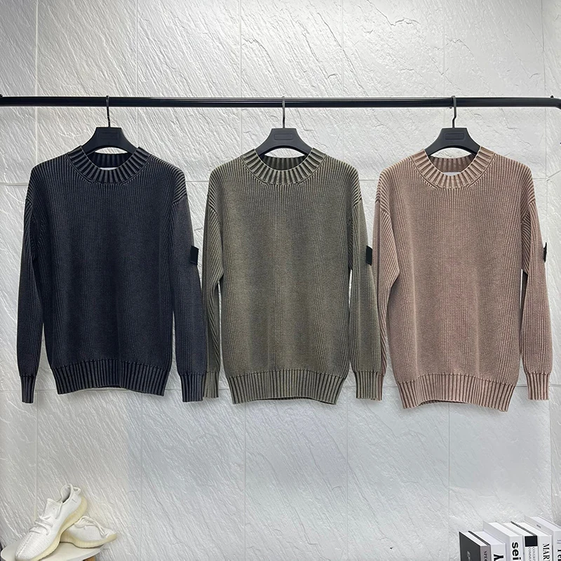 

Vintage Sweater Men Oversized Cotton Knitted Pullovers Jersey Autumn Winter Washed Distressed Round Neck Armband Black MA249