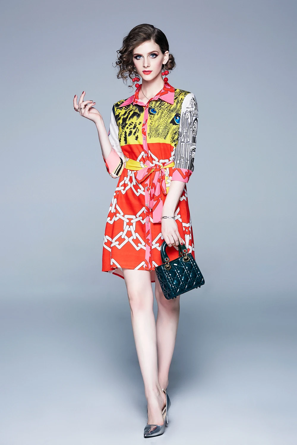 Женское платье рубашка с длинным рукавом Повседневное средней длины принтом