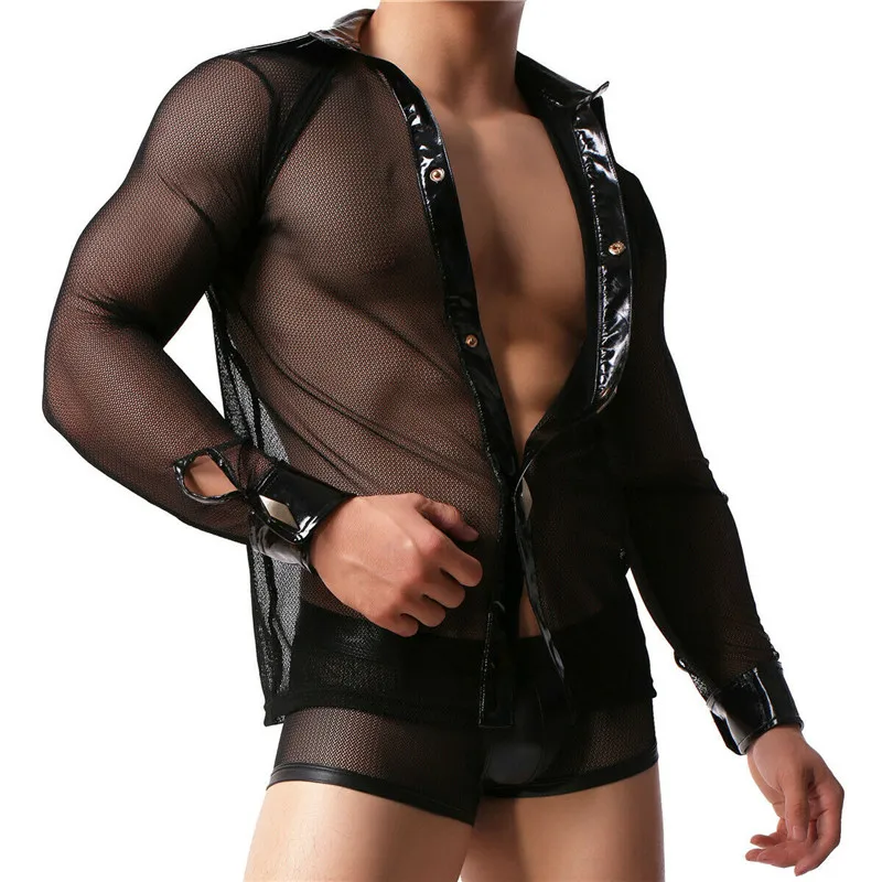 Мужской комплект одежды сексуальная прозрачная рубашка с длинным рукавом