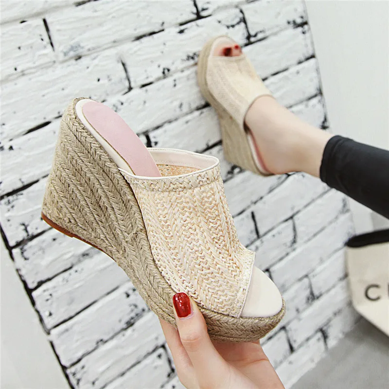 Мюли на танкетке женские эспадрильи высоком каблуке туфли открытый носок летняя