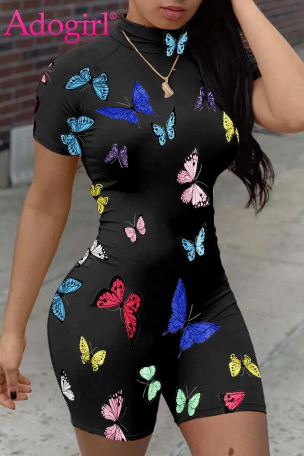 

Adogirl Casual Butterfly Print Jumpsuit Mock Neck Short Sleeve Bodycon Romper Fashion Playsuit New Summer Female Onesies Overall
