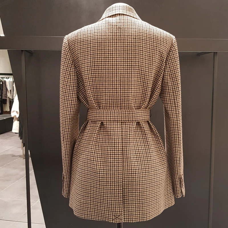 autumn winter vintage plaid woolen blazer women double breasted straight belted suit jacket