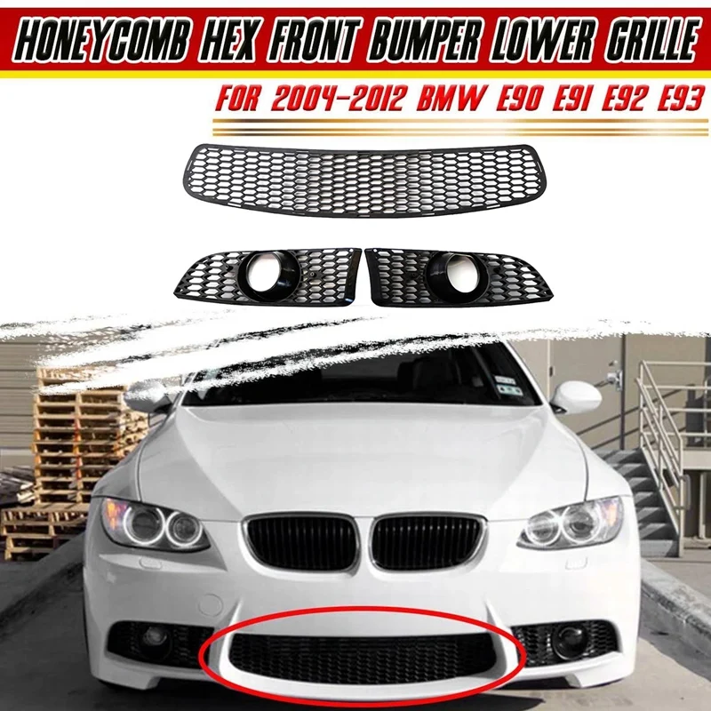 

3XCar Front Grille Grill Lower Bumper Fog Light Cover Trim For-BMW E90 E91 E92 E93 2004-2012 M3 Style