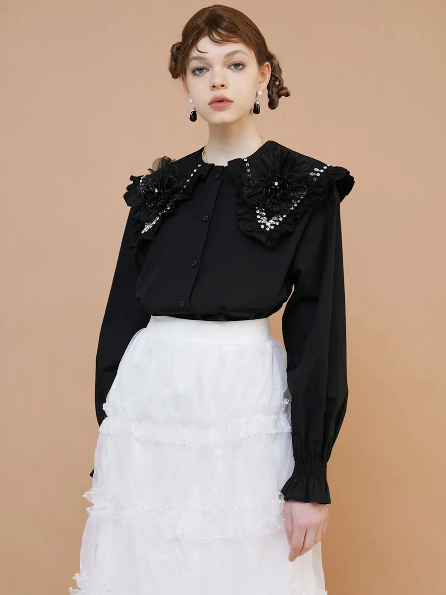 2022 Весенняя женская рубашка с воротником Питер Пэн Стразы цветочное украшение |