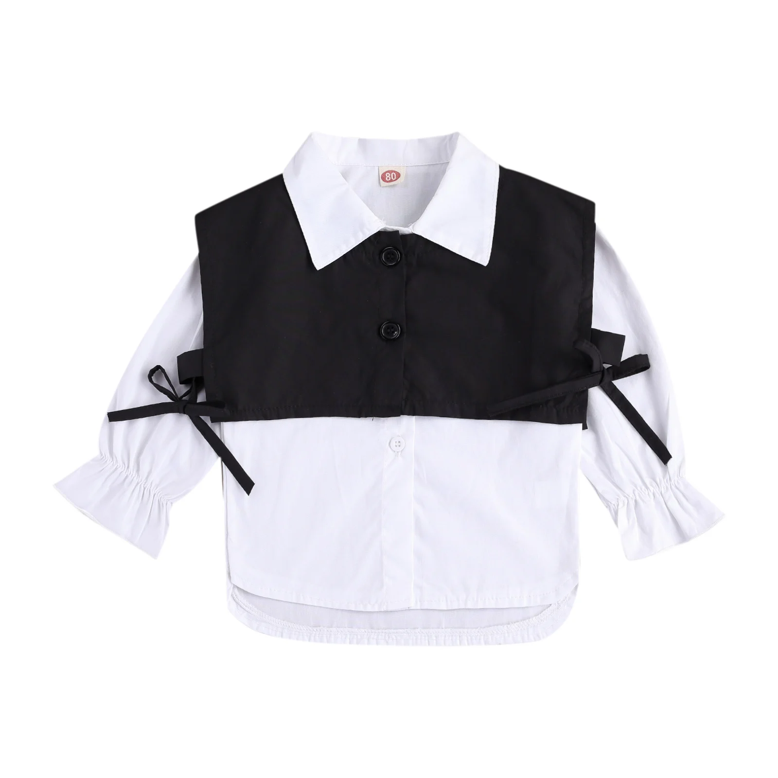 

2 Pcs Girls Casual Fashion Outfits Baby Solid Color Long Sleeve Lapel Button Down White Shirt + Black Tie Up Vest 1-5 Years