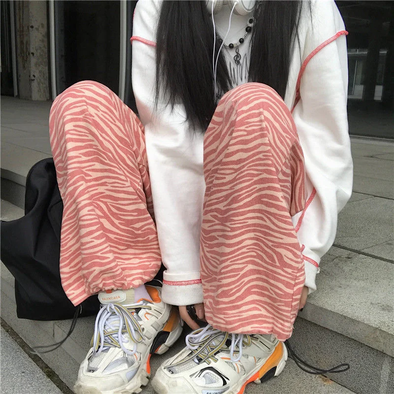 

Casual Pants Women Striped Straight All-match Streetwear Japanese Style Loose Elastic Waist Harajuku Trousers Pink Hipster Teens