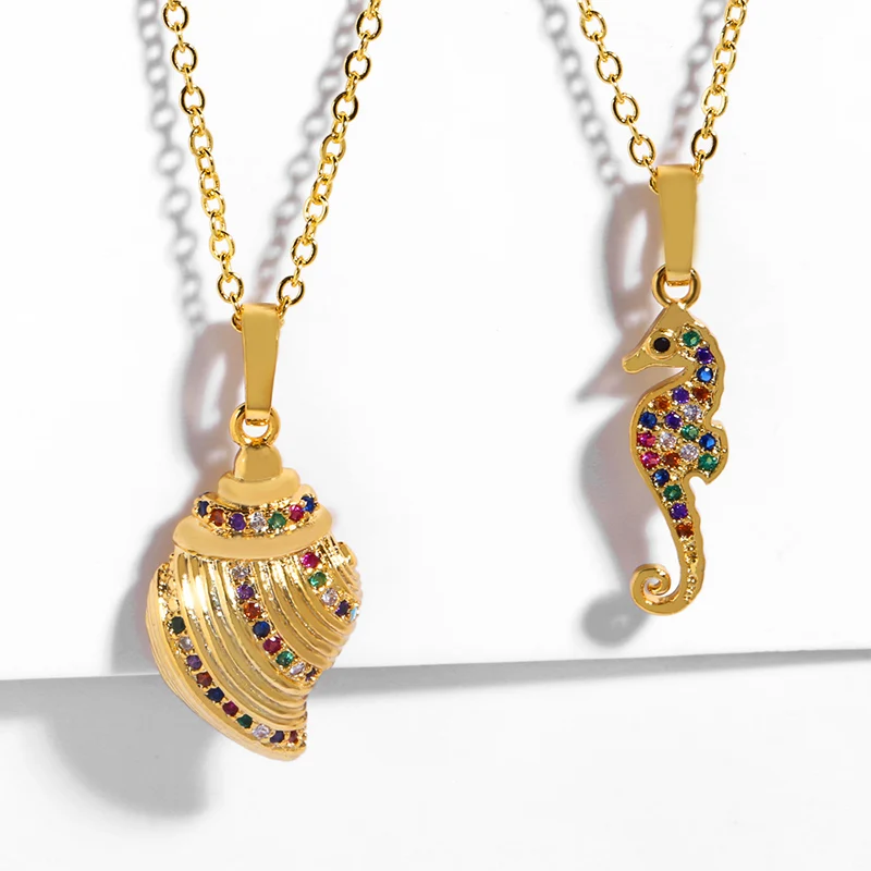 Bohemian Conch Seahorse Pendant Necklace For Women Colorful Cubic Zirconia Gold Chain Jewelry Anillo de dama nke-p40 | Украшения и