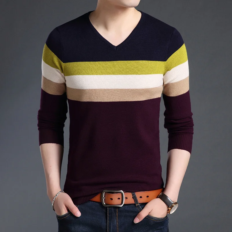 

Джемпер облегающий, новый модный брендовый корейский стиль, трикотажный Мужской пуловер с V-образным вырезом, свитер в полоску, осенняя высо...