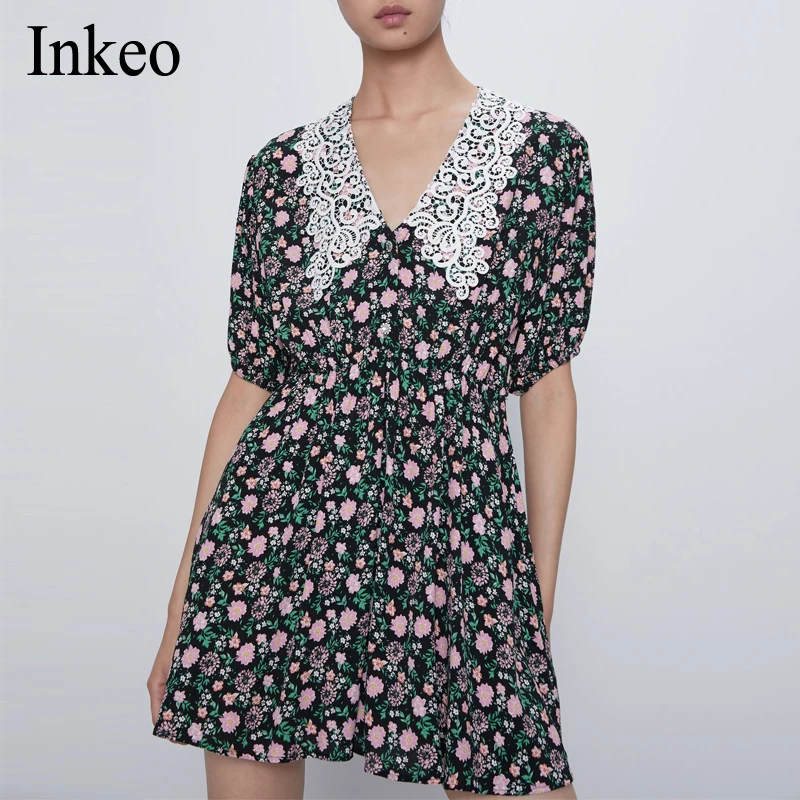 

2020 women elegant V-neck casual a line dress Summer female Puff short sleeve Floral print dresses vestidos Summer INKEO 9D170