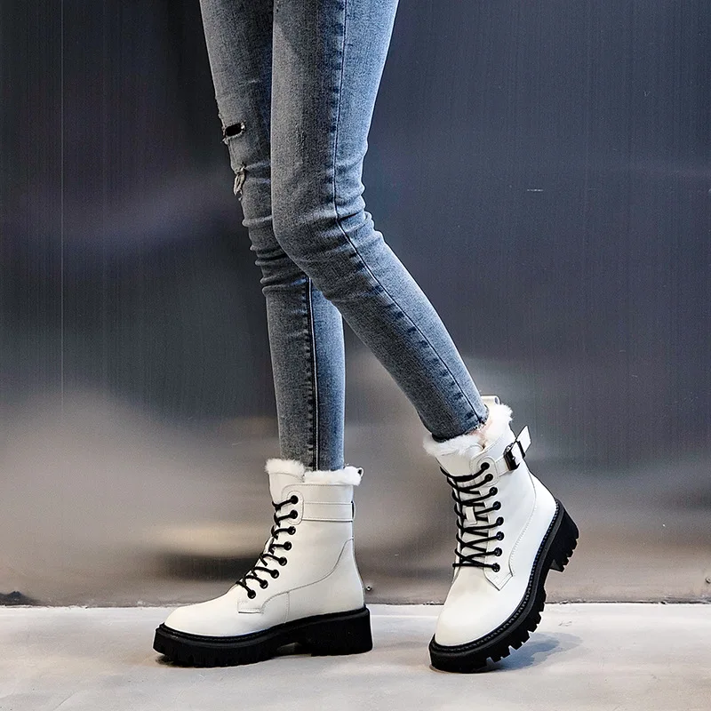 

Real wool bootswomen2020 autumn and winter mid-tube thick-soled sports shortboots thick-heeled leather and cashmere Martin boots