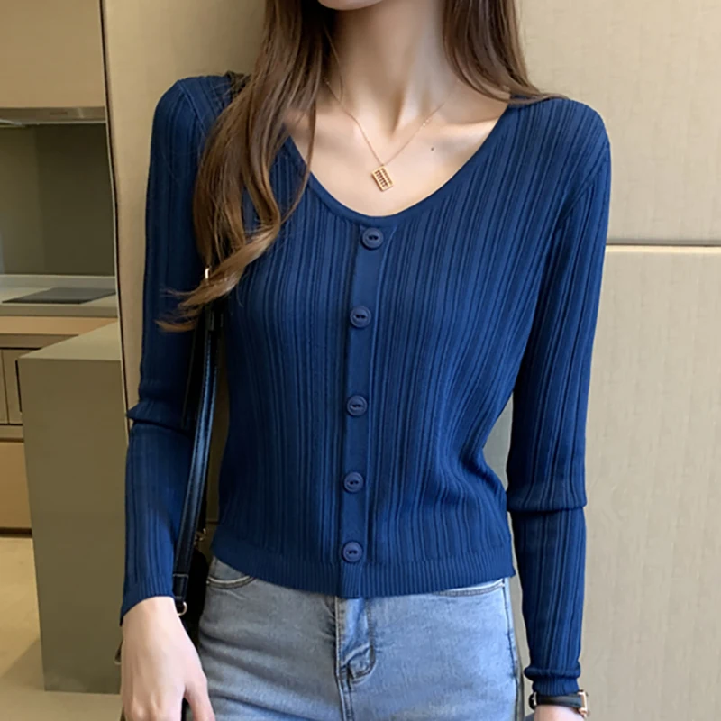 

Cropped Manga Longa Knitwear Sweater Female 2021 Autumn Long Sleeve Top Button Jumper Sweaters For Women Fashion Slim Pullover
