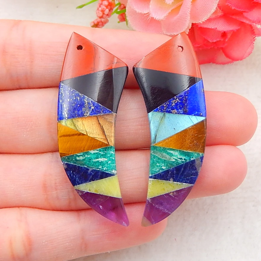 

Natural Red River JasperObsidianLapis LazuliTiger EyeChrysocollaYellow Opal With Amethyst Intarsia Earrings 44x15x5mm10.5g