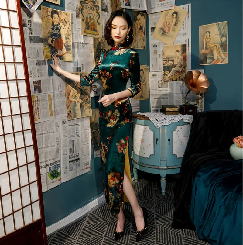 L-5XL, женские осенние велюровые платья Cheongsam, плюс размер, бархатное позолоченное традиционное китайское платье, Зеленое Длинное Qipao