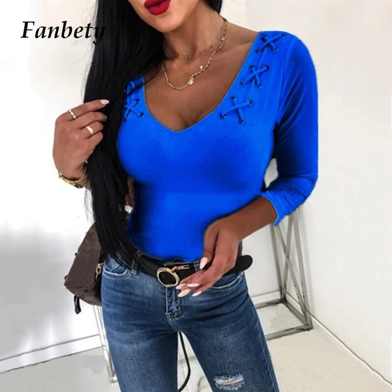 2XL женская сексуальная тонкая блуза с v образным вырезом осенняя Однотонная