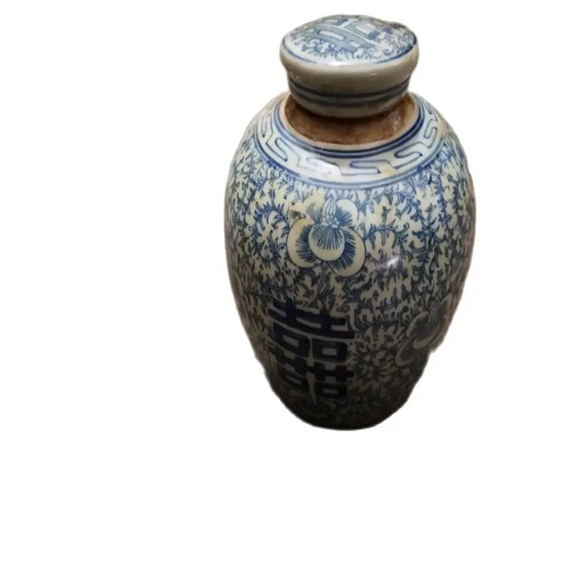 Красивая старинная сине белая фарфоровая банка с двойным счастьем|Статуэтки и