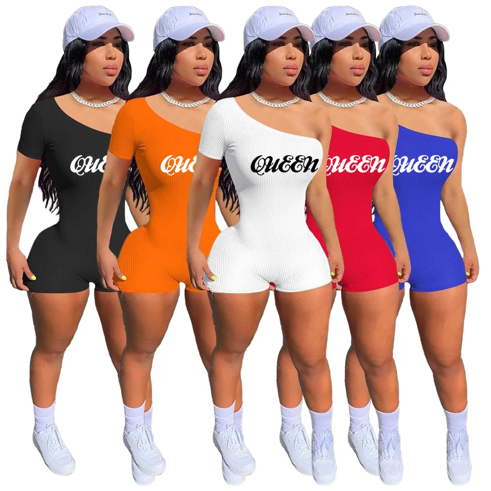 

Oluolin Women Letter Print One Shoulder Playsuit Short Sleeve Skew Collar Playsuits Sexy Romper One Piece Overalls Summer Outfit
