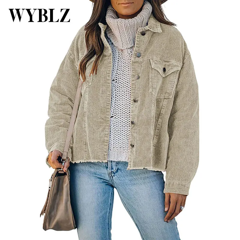 

Corduroy Short Jackets Women Spring Autumn Fashion Single-breasted Oversize Coats Female Casual Long Sleeve Lapel Collar Outwear
