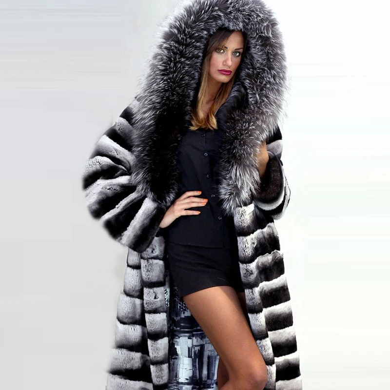 Natural Women Fur Coat Winter Real Chinchilla Rex Rabbit Fur Coats With Big Sliver Fox Fur Hood Thick Warm Genuine Fur Jacket enlarge