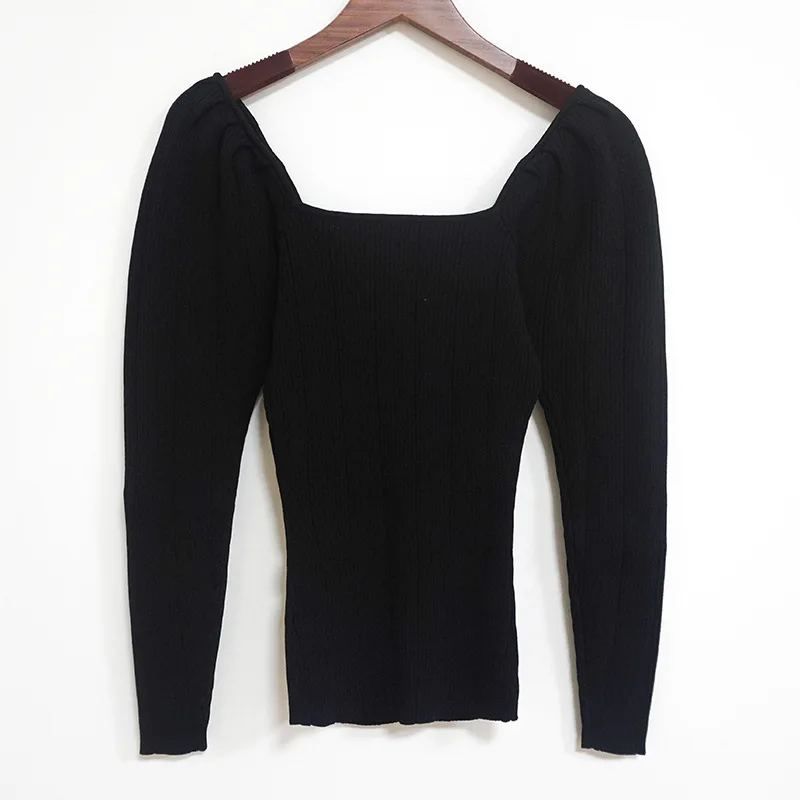 

2019 Autumn and Winter Tight Square Neck Puff Sleeve Long Sleeve Knit Sweater Women's Bottoming Shirt Top