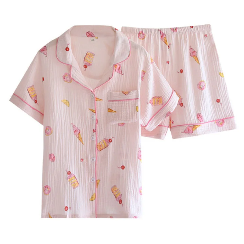 

Summer Loose Thin Ladies Soft Turn-Down Collar Cartoon Cake & Ice-Cream Printed Household Pajamas Set Women Sweet 2Pcs Homewear