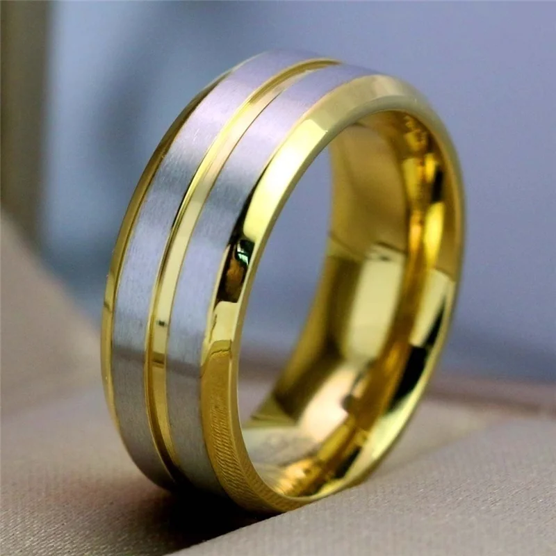 

2023 Fashion 8mm Gold-Color Stripe/Blue Groove Stainless Steel Rings For Men Accessories Wedding Bands Jewelry Love Gift