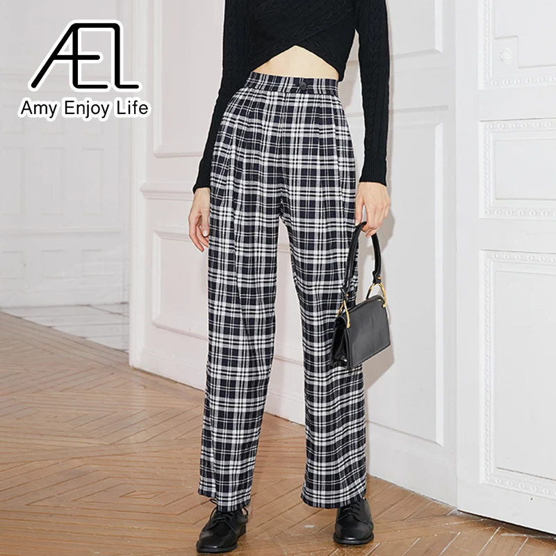 

AEL Plaid Pants Women Casual Wide Leg Trousers High Waist Retro Straight Trousers Streetwear
