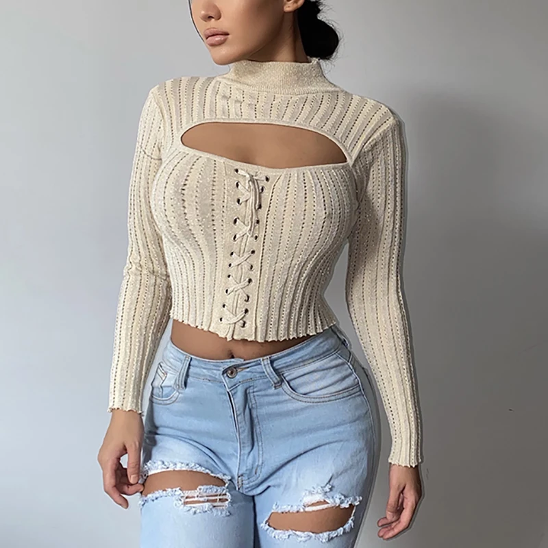 

Y-L 2021 Autumn Ribbed Knitted Turtleneck Women T-Shirt Solid Sexy Hollow Out Cross Bandage Long Sleeved Casual Slim Crop Top