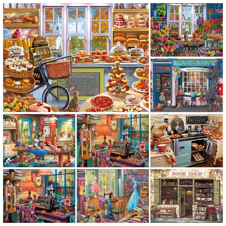 

5D DIY Diamond Painting Retro Shop Dessert Flower Tailor Shop Diamond Embroidery Set Diamond Mosaic Art Picture Home Decoration