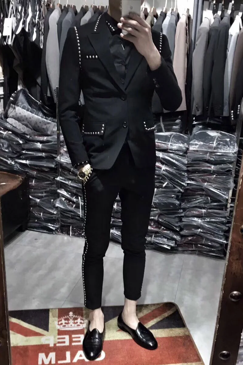 

M-3XLMale British style hair stylist nightclub bar catwalk Slim suit two-piece nightclub rivet suit suit jacket tide.