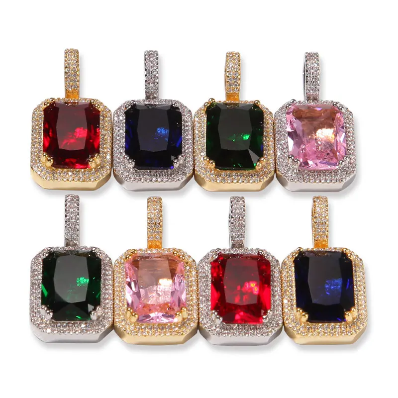 

Mens Iced Out Zircon Square Big Gem Pendant Necklace Gold Hip Hop Jewelry For Women With Chain