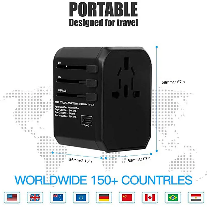 Универсальный дорожный адаптер международные адаптеры-конвертеры с 4 USB + 1 type-C