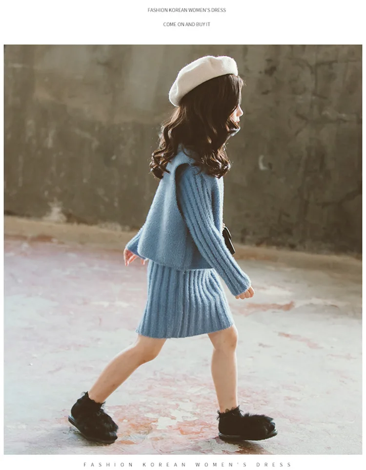Girls Clothing set Winter Faux-wool Thick Warm Knitted Vest Dress Suit Children Costume Kids Tracksuit 8 10 Years Girls Clothes