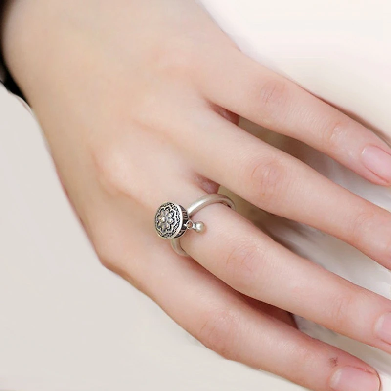 

Silver Color Buddhist Ring for Women Tibetan Prayer Wheel Ring OM Mantra Ring Good Luck Women Ring