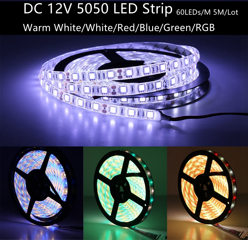 Светодиодная лента 5050 RGB огни 12 В постоянного тока Гибкая декоративная водонепроницаемая светодиодная лента RGB/белый/теплый белый/синий/зеленый/красный